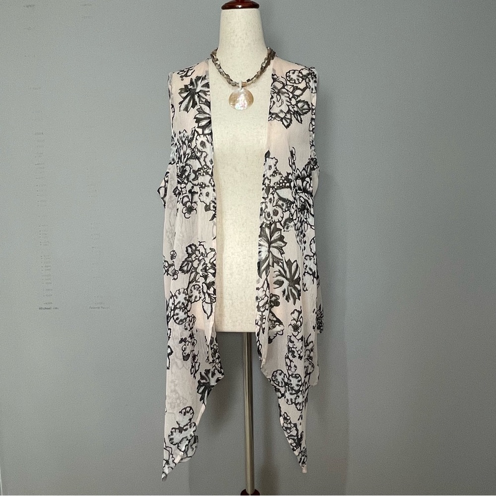 Chico’s Sheer Shrug Size M Pink with Black Floral Design Long Line Sleeveless